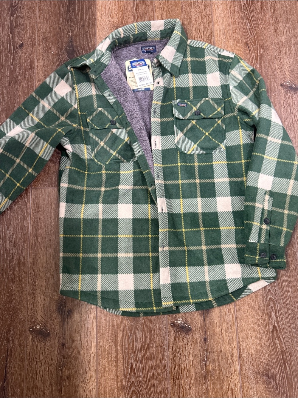 SMITH Green and White Plaid Sherpa-Lined Button-Down Shirt